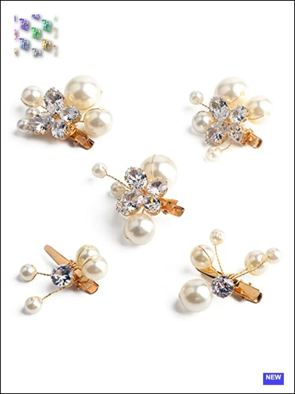 Small Pearl Rhinestone Alligator Hair Clips, Set of 5 - Bridal Hair Accessories